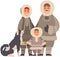 Eskimo family standing with fluffy sledge dog. Smiling characters with arctic pet, domestic animal