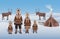 Eskimo family in traditional outfit standing by inuit hut. Eskimos and deers on the Northern landscape. Flat vector