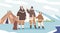Eskimo Family, Wrapped In Warm Furs, Stands By Their Traditional Yurt, Smiling And Waving With Joy, Vector Illustration