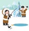 Eskimo fishing with igloo ice house winter