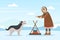 Eskimo Indigenous Woman with Husky Dog Warming Near Burning Fire with Cauldron Vector Illustration