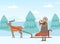 Eskimo Indigenous Woman with Kid Near Deer and Sledge Vector Illustration