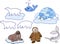 Eskimo in national clothes, igloo and different cartoon animals of polar fauna on white background