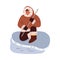 Eskimo sits on the ice and catches fish with fishing rod, north man gets food in arctic wild vector cartoon illustration