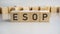 Esop text on a wooden blocks, gray background