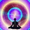 Esoteric background with man in yoga meditating position and seven chakras