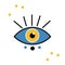 Esoteric magic of the evil eye. Mystical occult eyeball with hypnotic gaze. Ancient spiritual symbol in doodle style