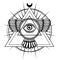 Esoteric symbol: winged pyramid, knowledge eye, sacred geometry.
