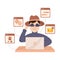 Espionage with Man Private Detective in Hat and Sunglasses at Laptop Collecting Evidence Vector Illustration