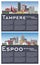 Espoo and Tampere Finland city skyline set with color buildings, blue sky and copy space. Cityscape with landmarks