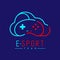 Esport logo icon outline stroke, retro Joypad or Controller gaming gear with cloud design illustration isolated on dark blue