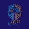 Esport logo icon outline stroke in shield radius frame, Joypad or Controller gaming gear with Sword design illustration isolated