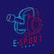 Esport streamer logo icon outline stroke, Headphones gaming gear with microphone and radius cannon design isolated on blue