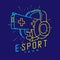 Esport streamer logo icon outline stroke, Joypad or Controller gaming gear with headphones, microphone and radius gun design