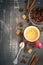 Espreso and coffee beans on Shabby background, top view, space f