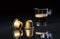 Espresso capsules and coffee cup on black background, Closeup view with details