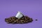 Espresso coffee capsule or coffee pod on coffee beans, purple background. Capsules