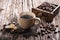 Espresso coffee in cup on rustic wooden table. still life