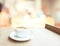 Espresso Coffee cup on wood table in cafe with bokeh light background, Leisure lifestyle concept