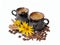 Espresso coffee in kraft ceramic cups and grains of black coffee
