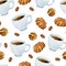 Espresso cup with chocolates and coffee beans watercolor seamless pattern