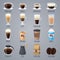 Espresso, latte, cappuccino in glasses and mugs. Coffee types for coffee house menu. Flat vector icons set