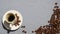 Espresso in a white mug on a white saucer next to coffee beans on a Gray background top view.