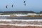 ESSAOUIRA, MOROCCO - JUNE 10, 2017: Kiteboarding activities on the Atlantic ocean waves in the Essaouira