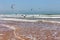 ESSAOUIRA, MOROCCO - JUNE 10, 2017: Kiteboarding activities on the Atlantic ocean waves in the Essaouira