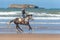 ESSAOUIRA/MOROCCO - MARCH 12, 2014: Horseman rides a gray horse along the sand beach
