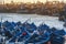 Essaouira, Morocco - November 26th 2018: Blue fishing boats in the harbor in Essaouira, Morocco