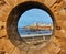 Essaouira Ramparts view through a fortress window in Morocco