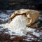 Essential baking ingredient paper bag filled with fresh flour