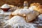 Essential baking ingredient paper bag filled with fresh flour