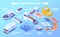 Essential fish production elements on blue background