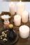 Essential massage oil salt and candles at spa