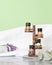 Essential oil bottles for composing various perfume fragrances on natural ingredients. Eco-friendly aromatherapy cosmetics