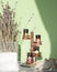 Essential oil bottles for composing various perfume fragrances on natural ingredients. Eco-friendly lavender aromatherapy