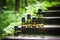 essential oil bottles on wooden steps in a forest