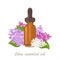 Essential oil of lilac flowers. Amber glass dropper bottle and flowers isolated on white background.