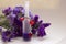 Essential oil in matt bottle on purple flowers blur background.
