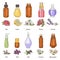 Essential oil rose, lavender, citrus and jasmine for aromatherapy, sketch vector set. Vintage drawing of glass bottles.