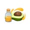 Essential oil in small glass bottle with cork lid, half of avocado and drops. Natural cosmetic. Flat vector icon