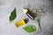 Essential oils natural on wooden and green leaf organic - Aromatherapy herbal oil bottles aroma with leaves herbal formulations