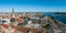 Establishing aerial Bird eye view shot of Riga, Riga skyline, Latvia.