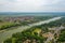 Establishing aerial view of Tahi and Tahitotfalu separated by the Danube river