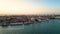 Establishing aerial view of Venice city skyline at sunset, Italy