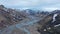 Establishing drone aerial dramatic forward flight of Thorsmork in Iceland. Landscape of canyon and river in icelandic