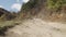 establishing shot on a dusty mountain road in autumn forest