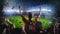 Establishing Shot of Fans Cheer for Their Team on a Stadium During Soccer Championship Match. Team